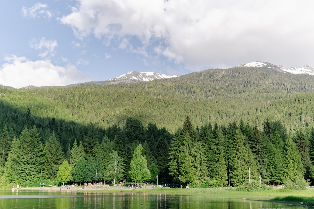 a lake with trees and mountains in the background