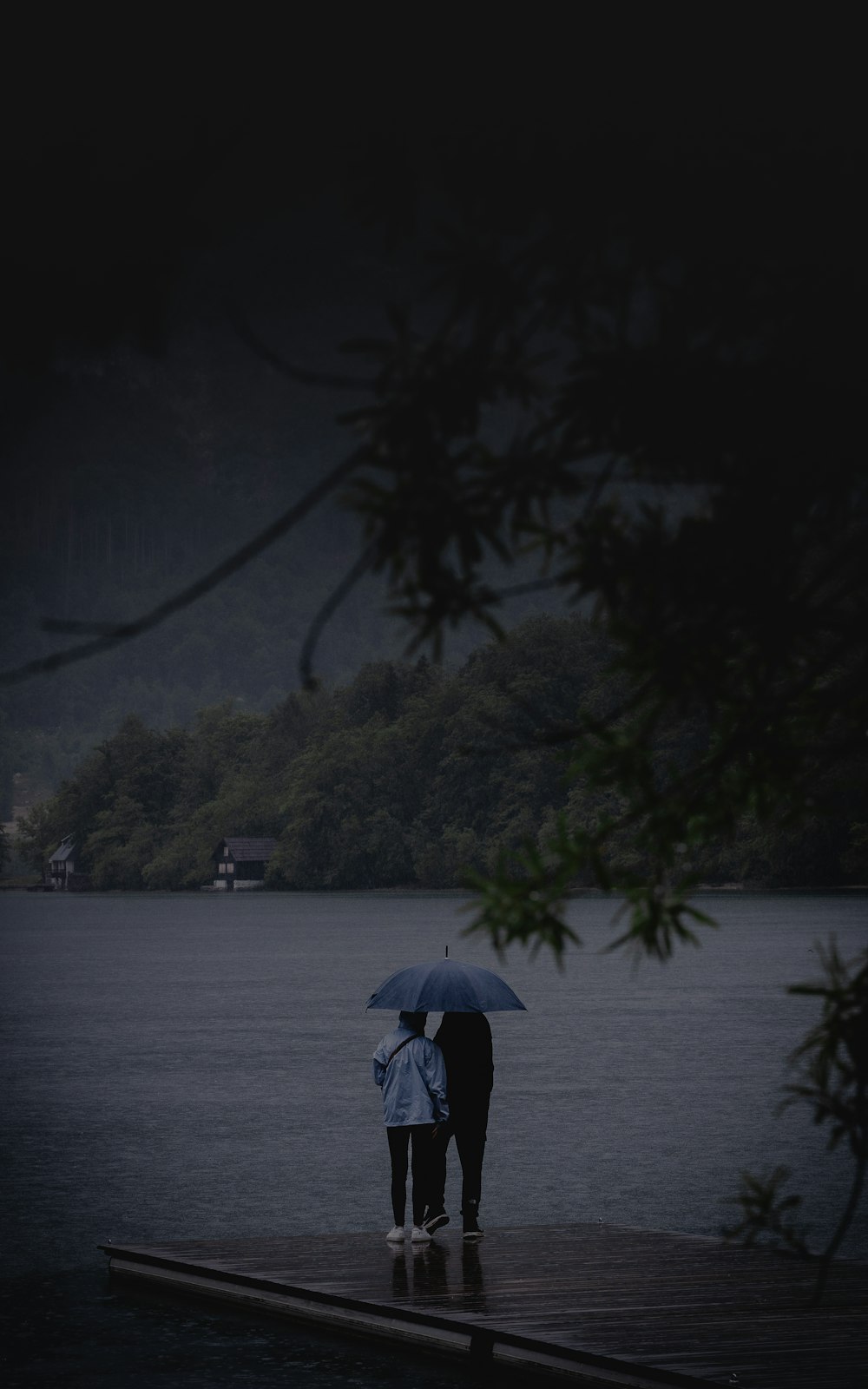 a couple of people stand under an umbrella on a dock