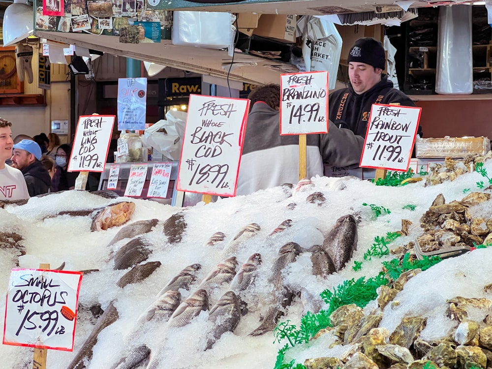 a person holding signs in a market