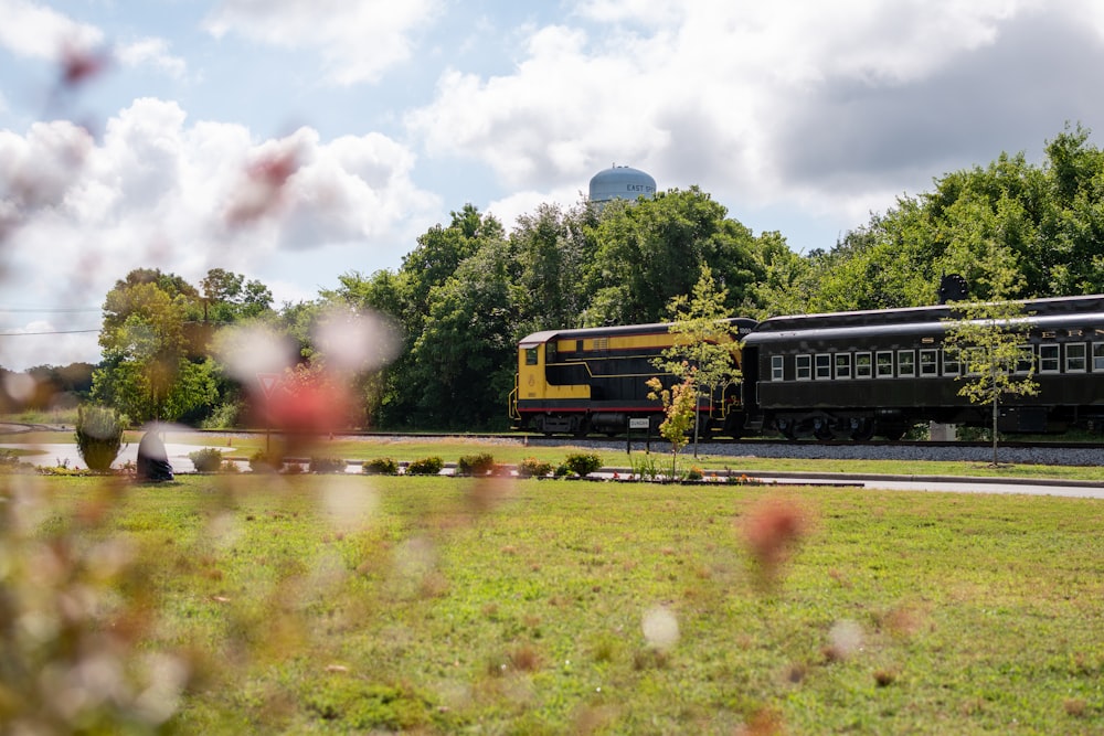 a train travels down the tracks