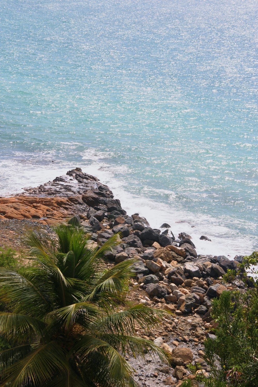 a rocky beach with a body of water in the background