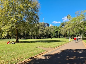 a group of people walking on a path in a park
