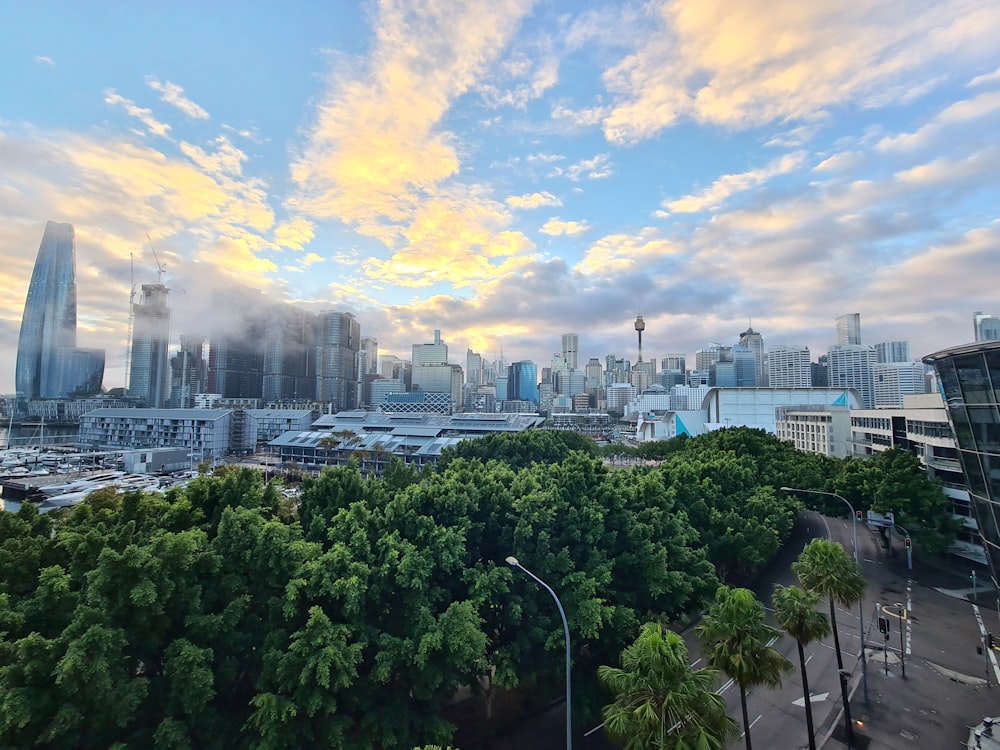 uma cidade com árvores e edifícios