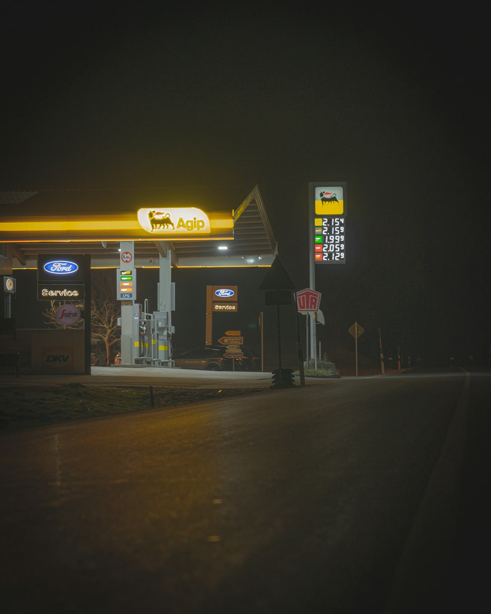 a gas station at night