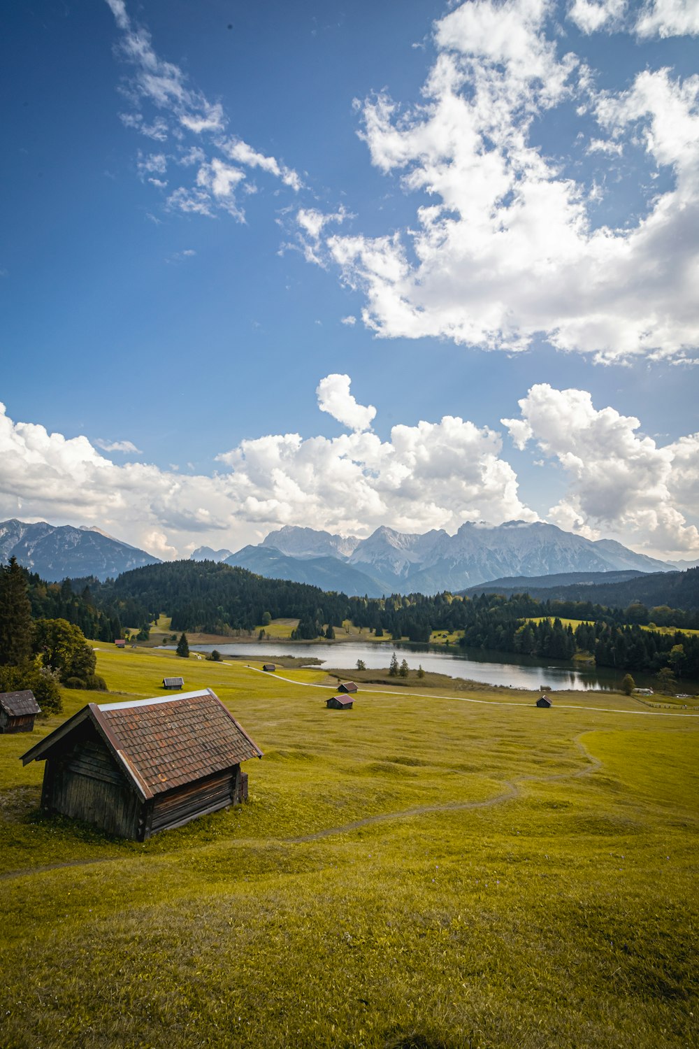 Un campo de hierba con edificios y árboles al fondo