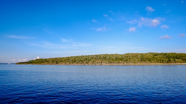A serene view of Pantai Panjiwa beach with lush greenery under a clear sky.