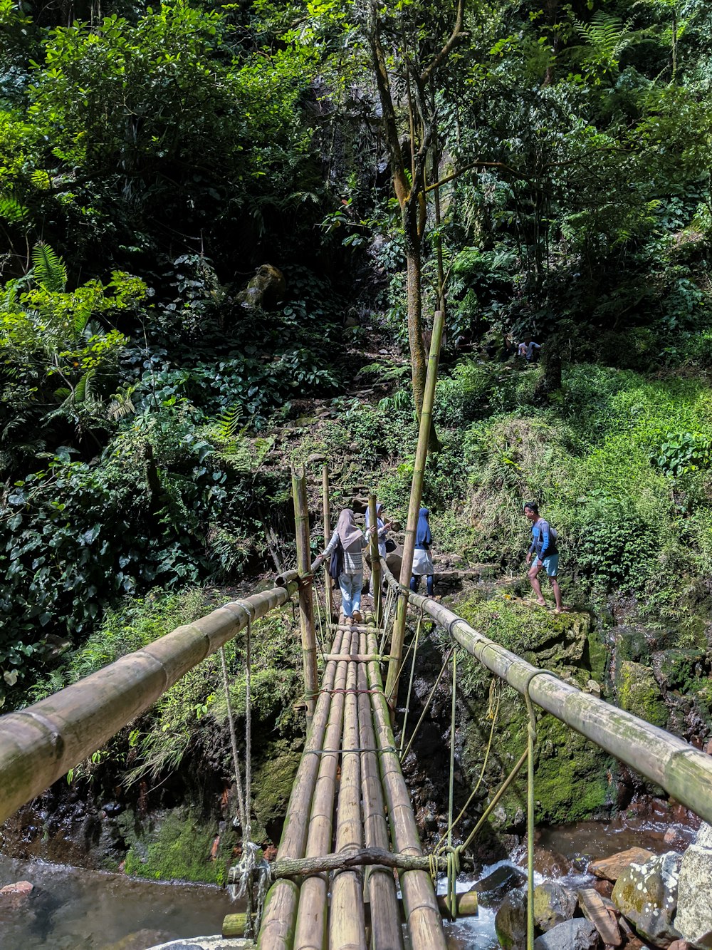 a group of people walking on a bridge over a river