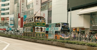 a bus travels down the street