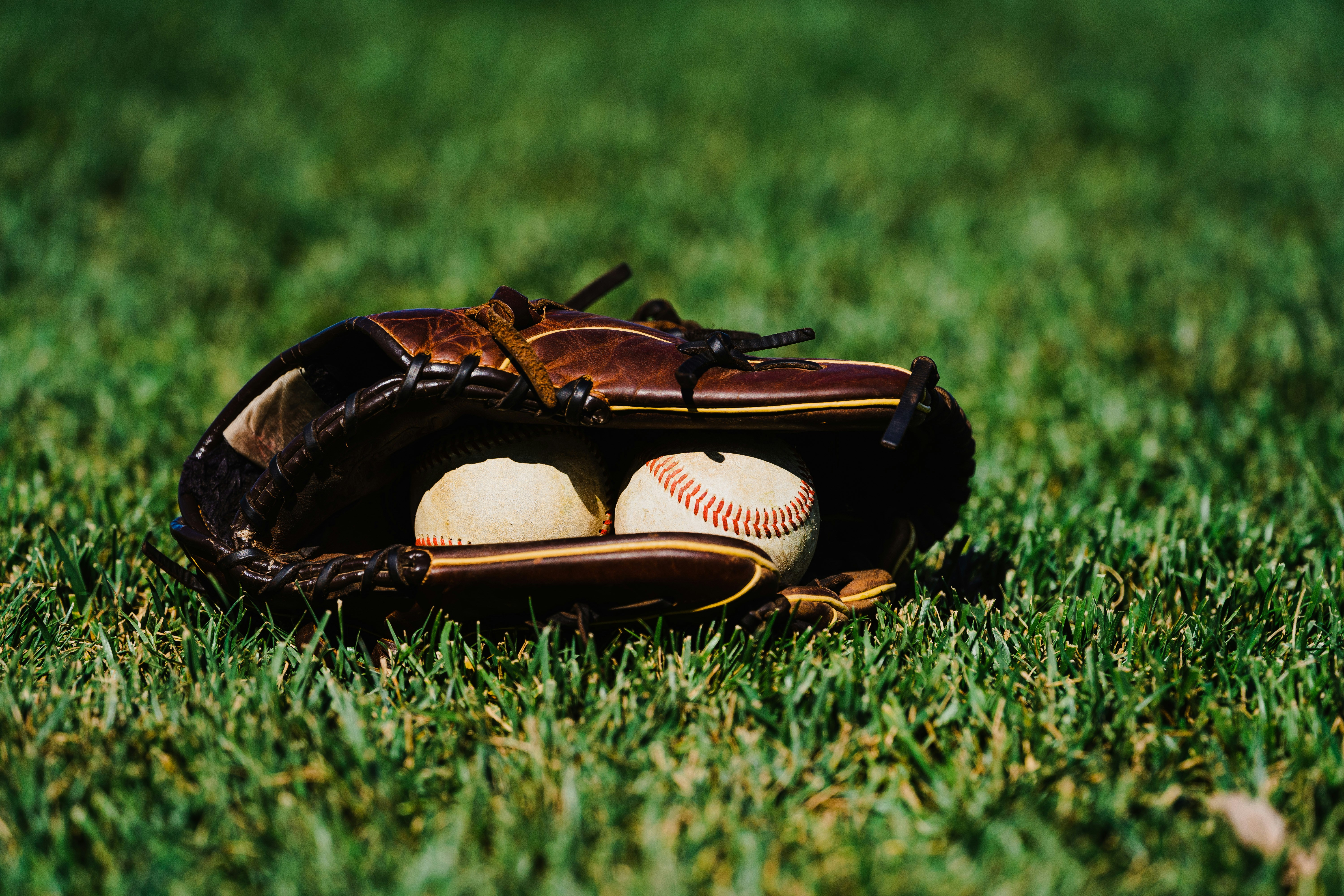 Baseball glove laying in grass with baseballs inside.