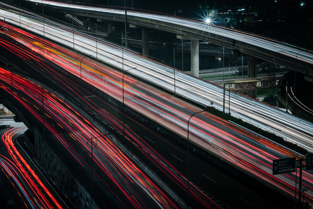 a highway with red lights