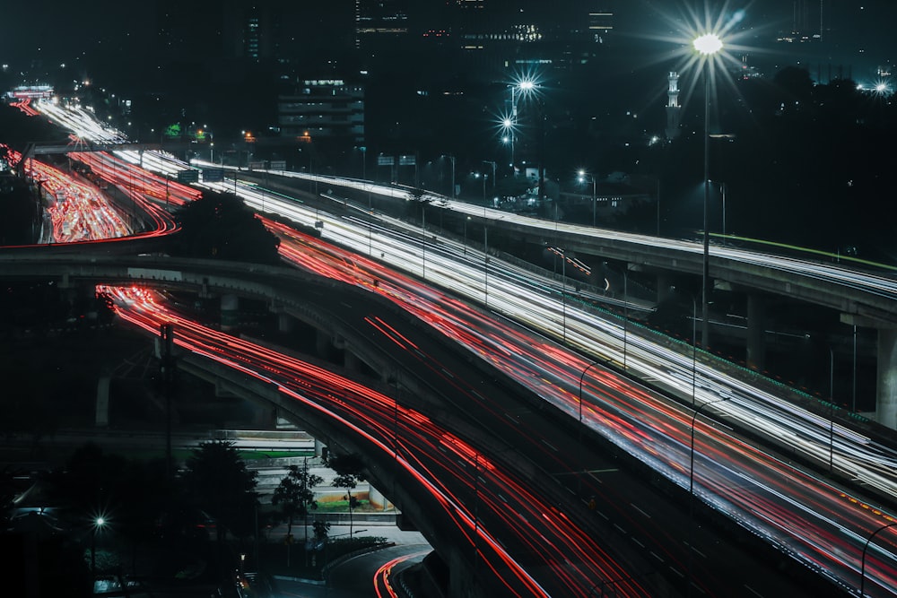 a highway with lights on