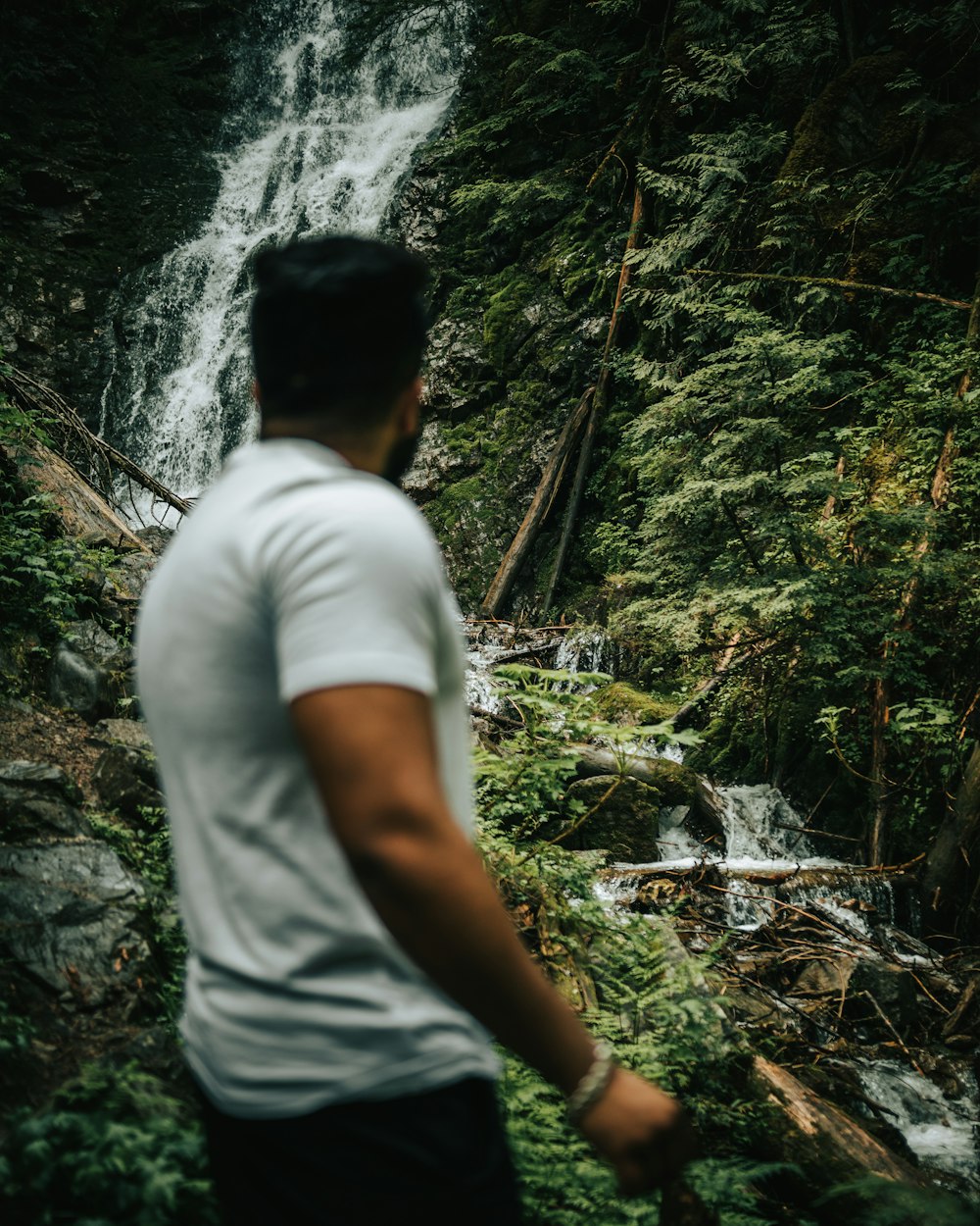 a man standing in front of a waterfall