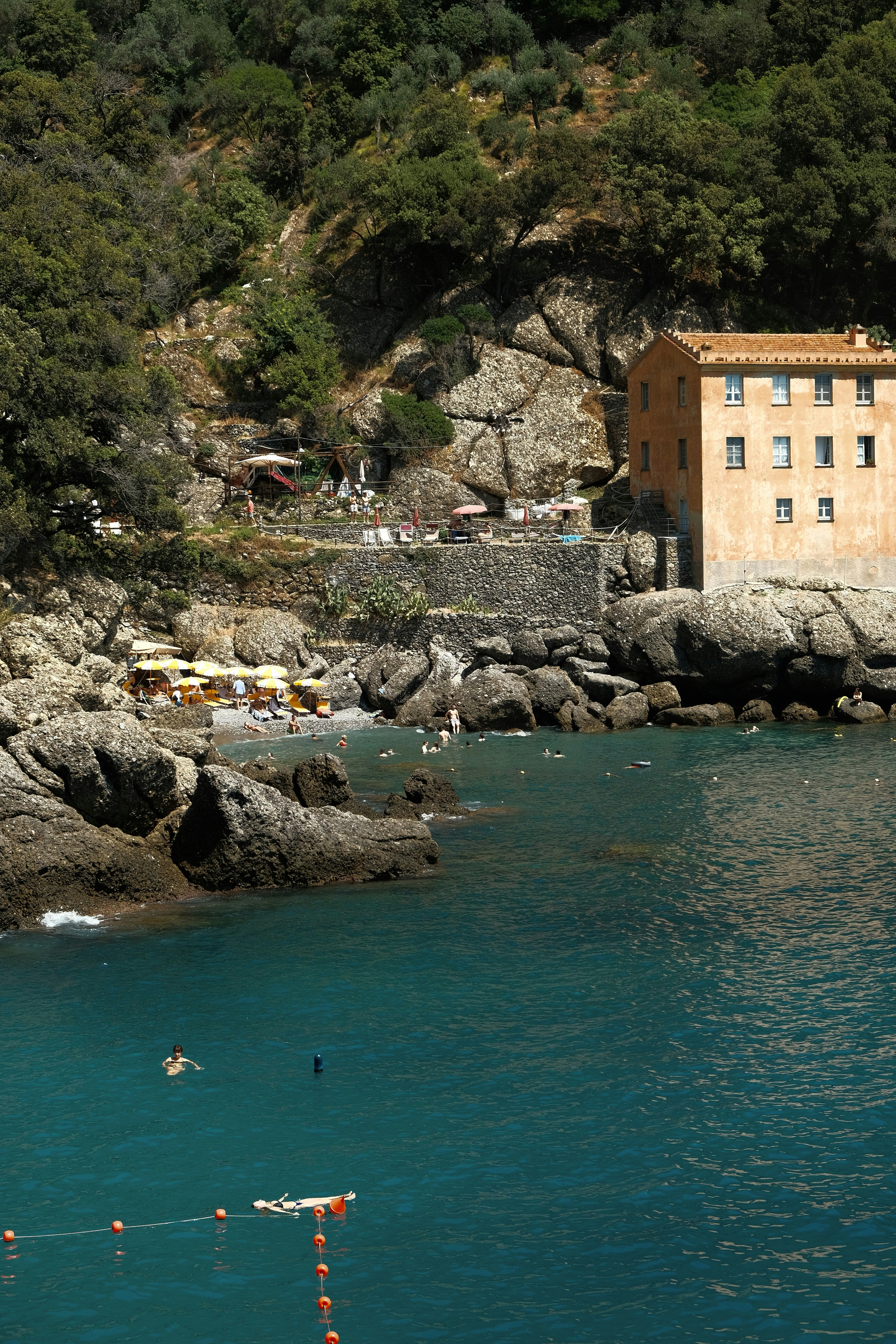 a body of water with a building and trees around it