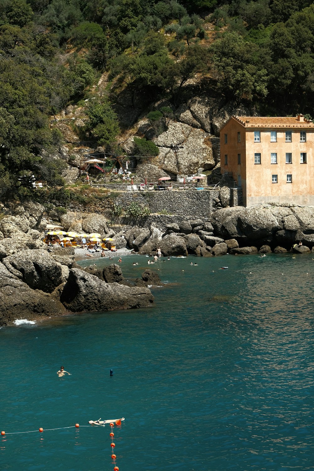 a body of water with a building and trees around it