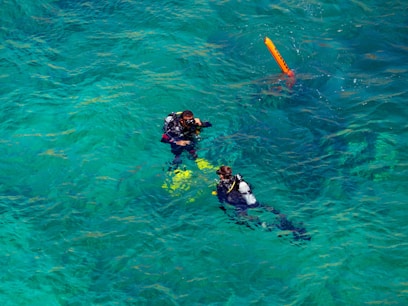 a couple people in the water