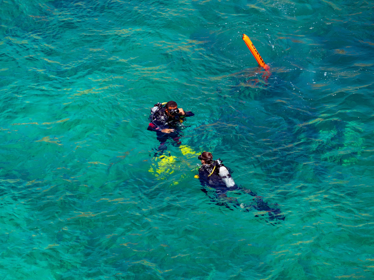 Two rescue divers training underwater