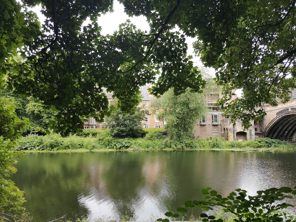 a building with a moat and trees around it