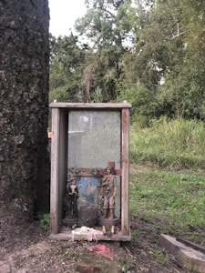 A small, weathered wooden shrine is set up against the trunk of a tree in a natural outdoor setting. Inside the shrine are several religious statuettes and icons, including a figure holding a cross and another figure in robes. There are objects like candles and figures placed at the base. The background is a lush, green forest with tall grass and trees.