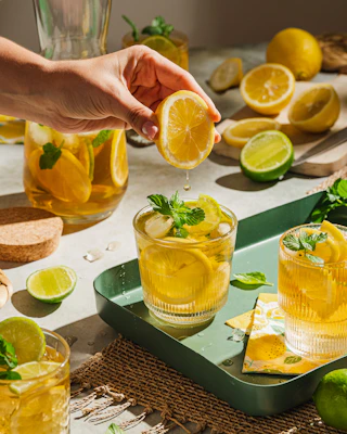 Fresh squeezed lemonade served in a glass on a tray with lemon slices