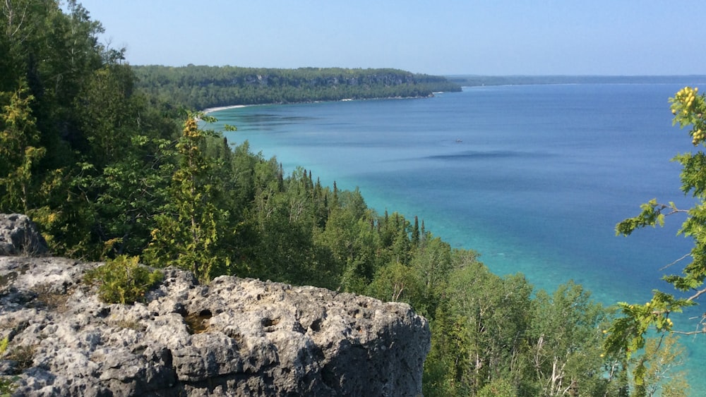 a rocky cliff overlooking a body of water