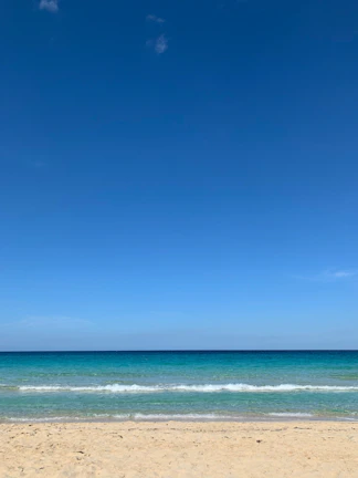 A sunlit tropical beach with turquoise waves gently lapping the shore under a clear blue sky.