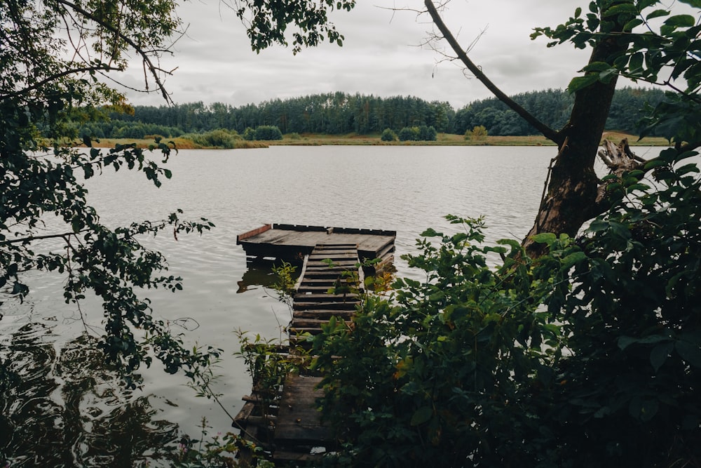a wooden staircase over a lake