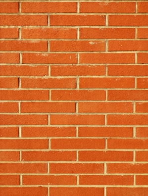 A wall constructed from red bricks, each uniformly sized and horizontally arranged in staggered rows with beige mortar filling the gaps between the bricks. The surface appears textured and the color is a vivid, warm red.
