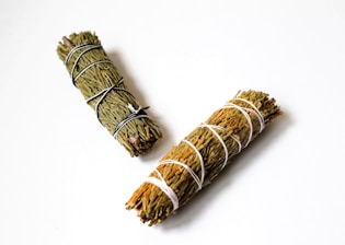 Two bundles of dried herbs bound with string rest against a white background. The herbs appear to be bound tightly, with one bundle wrapped in black string and the other in white string.