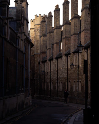 a person walking on a street between buildings