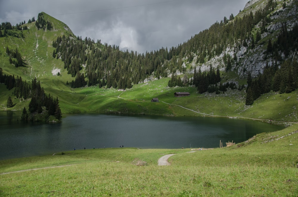 a lake surrounded by mountains