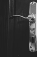 A close-up of a polished metal door handle on a contemporary door.