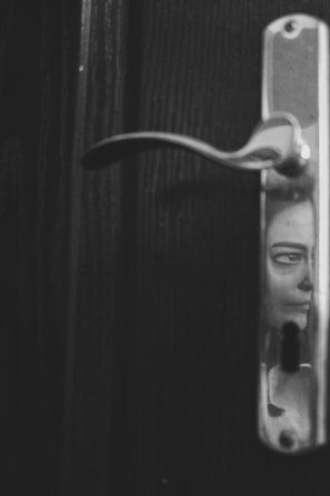 A close-up of a polished metal door handle on a contemporary door.