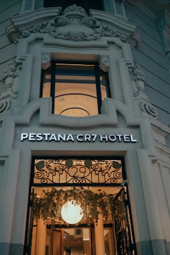 a doorway with a sign above it