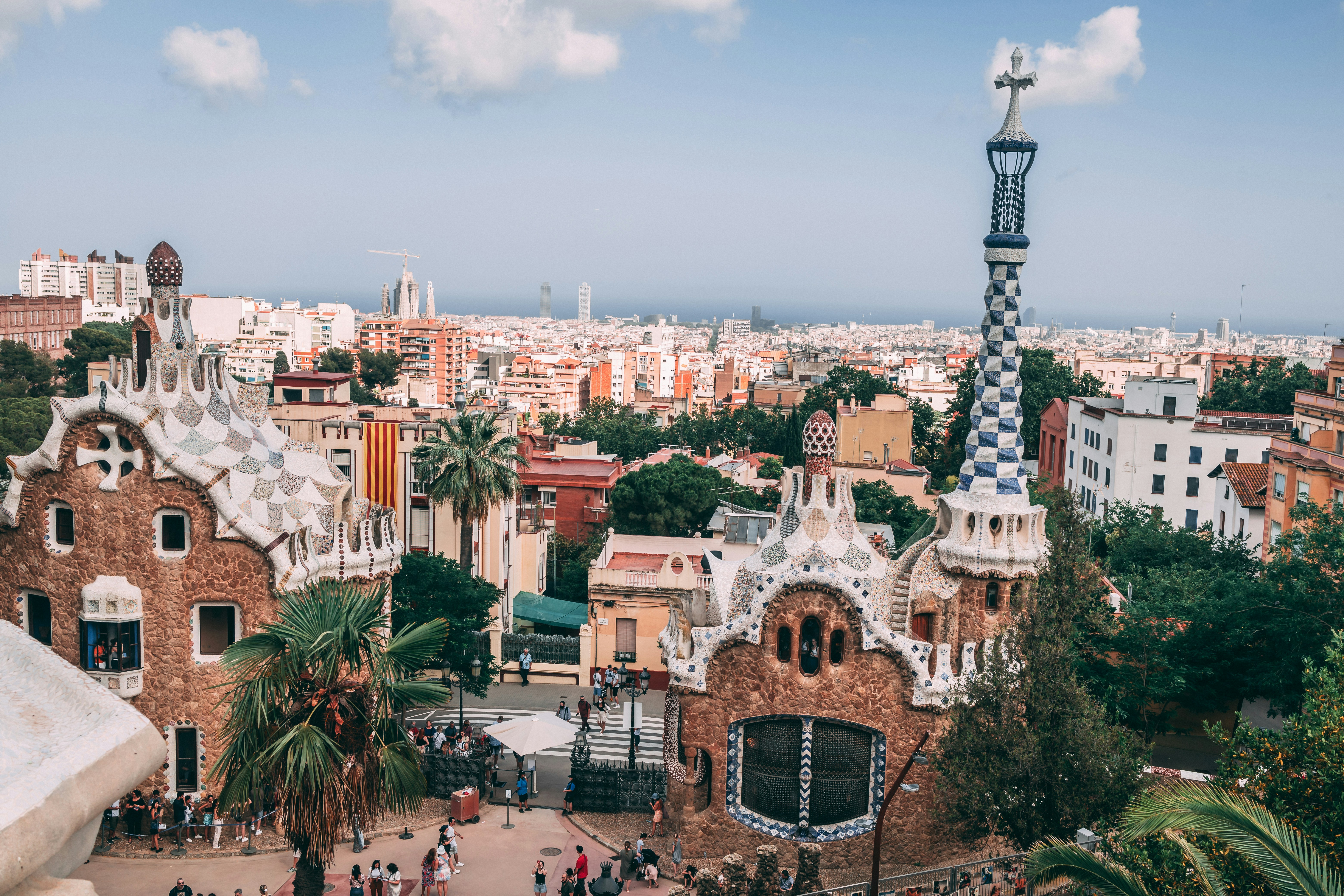 Gaudi architecture Barcelona at Park Guell with tower and terraces