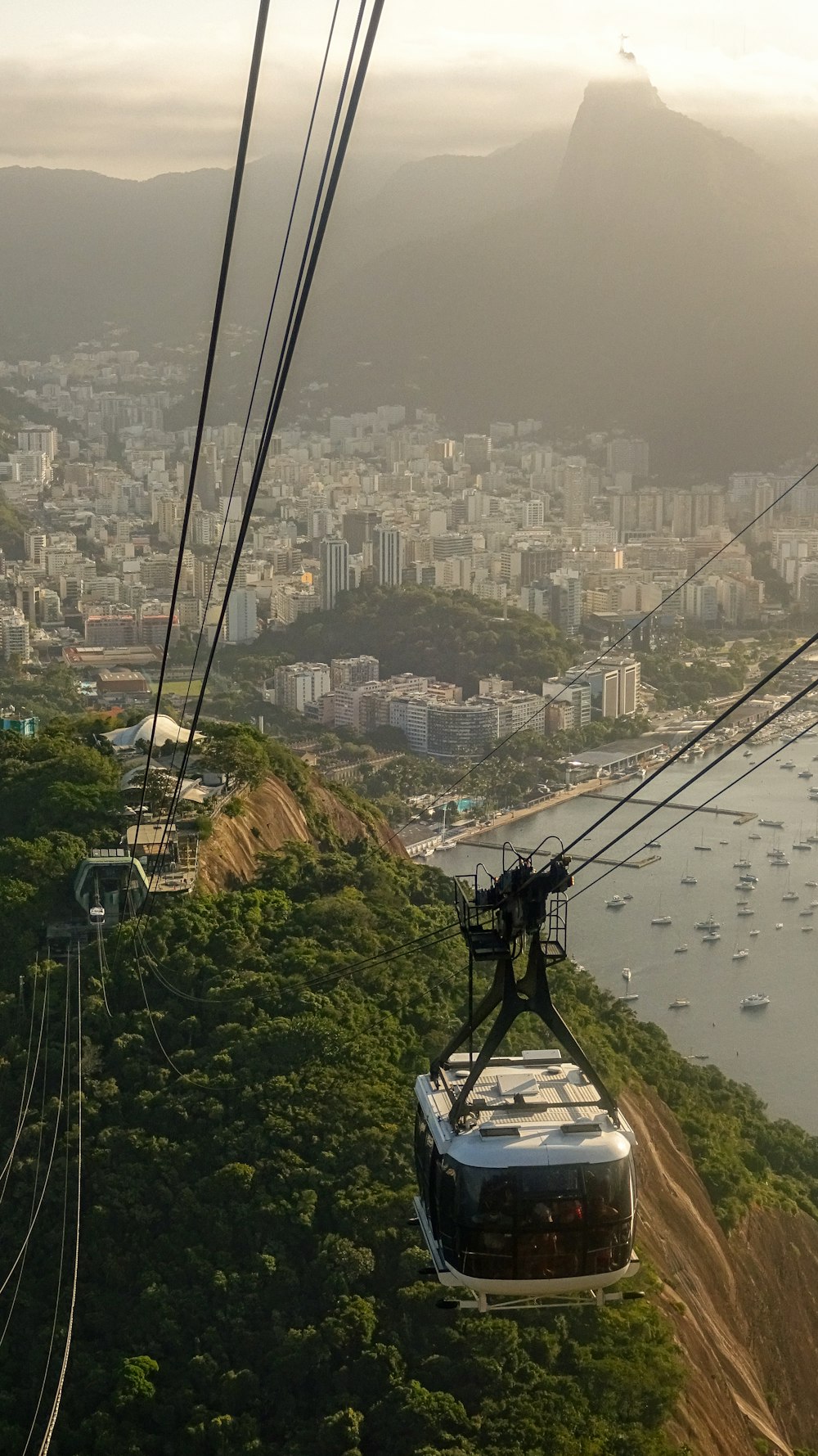 a cable car above a city