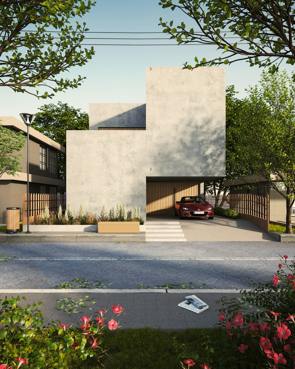 a building with a gate and a car parked in front