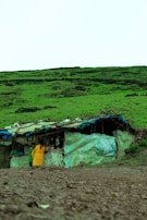 A makeshift structure made from tarps and wood is set against a vibrant green hillside. Two individuals, one wearing a yellow garment, stand in front of the structure, which appears to serve as a small shop or stall with various items visible.