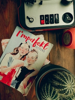 A vintage turntable with control knobs and buttons is placed on a wooden surface. Next to it is a magazine featuring an illustration of two women, with bold colors and artistic brush strokes. A small potted cactus is also visible in the foreground, adding a touch of greenery.