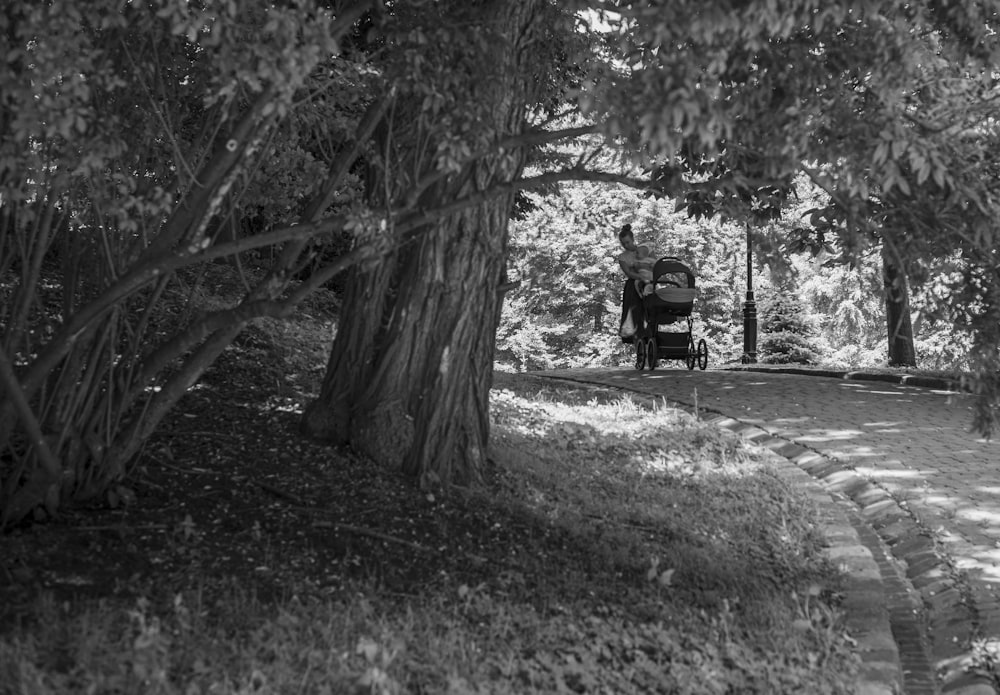 a person sitting on a bench under a tree