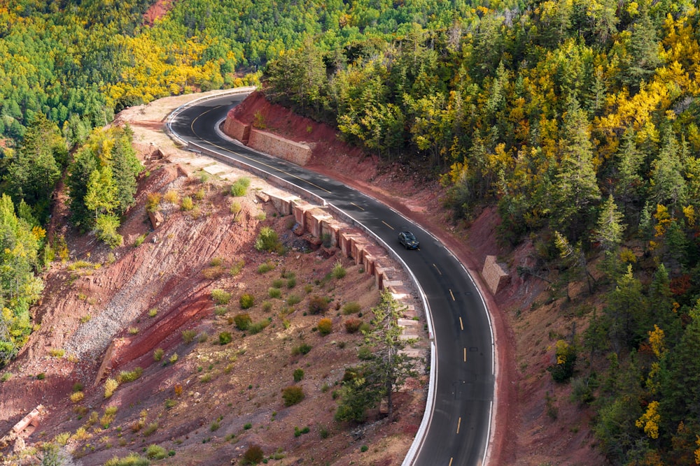 a car driving on a road surrounded by trees