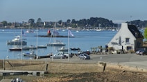A serene harbor scene with calm blue waters, where several boats and sailboats are anchored. A small building with a sign reading 'Hotel' sits by the waterfront. Cars are parked nearby, and flags are gently fluttering in the breeze. In the background, there is a line of trees and buildings across the bay.