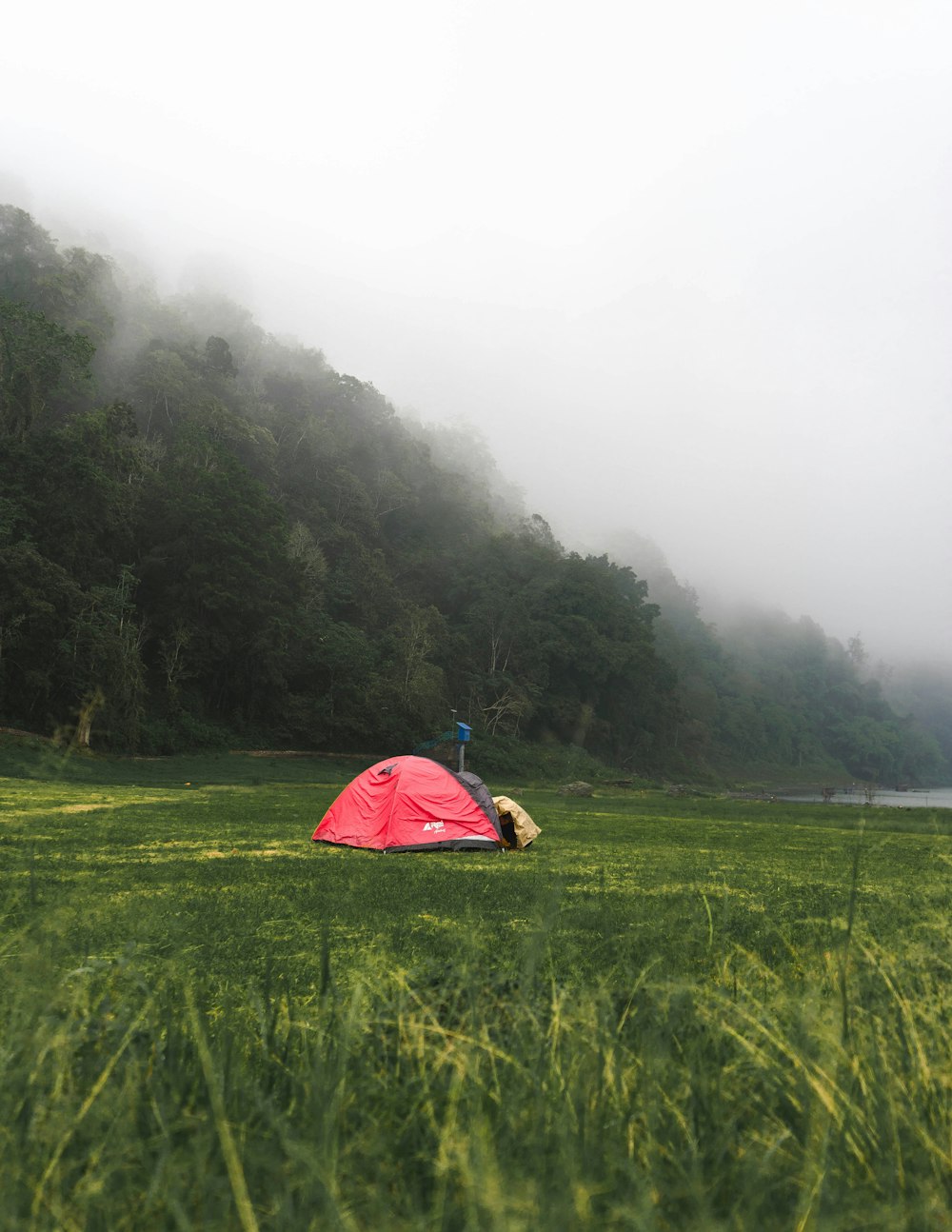 a person lying in a grassy field with a tent in the background