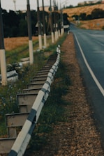 A rural road stretches into the distance, bordered on one side by a metal guardrail with black and white segments. There are utility poles lined up parallel to the road, standing on a grassy area with wildflowers. The scene includes a background of green trees and a hilly landscape with dry grass.