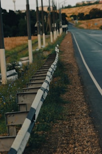 A rural road stretches into the distance, bordered on one side by a metal guardrail with black and white segments. There are utility poles lined up parallel to the road, standing on a grassy area with wildflowers. The scene includes a background of green trees and a hilly landscape with dry grass.