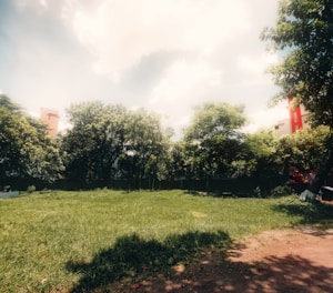 A lively community park surrounded by modern homes and bustling local shops under a bright sky.