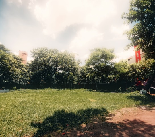 A lively community park surrounded by modern homes and bustling local shops under a bright sky.