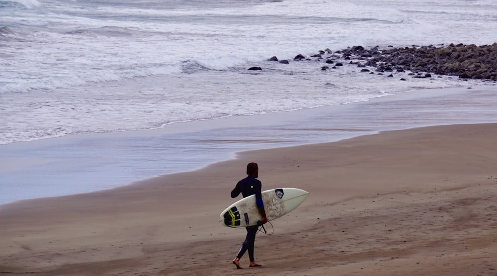 a man carrying a surfboard on a beach