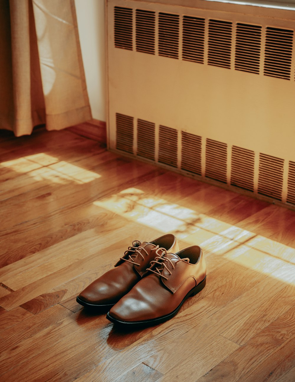 a pair of shoes on a wood floor