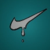 A pixelated grey swoosh symbol with a drip effect is centered on a textured teal background.