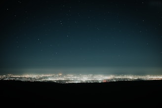A futuristic cityscape illuminated with neon lights under a vast night sky filled with stars.